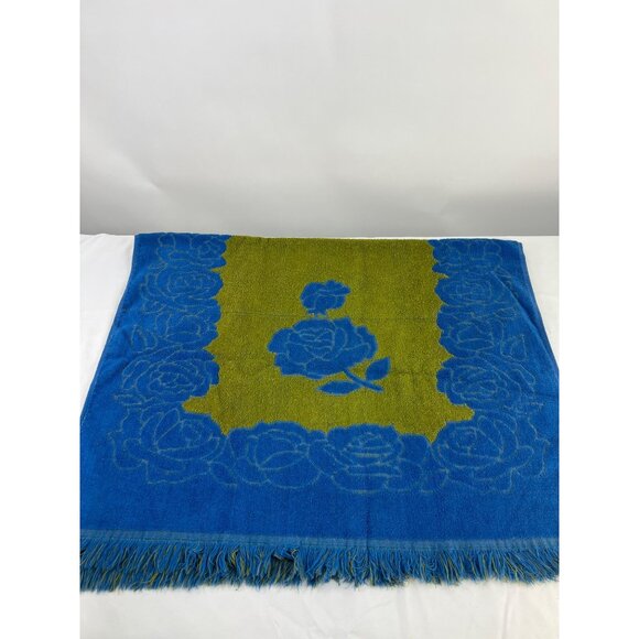 VTG Tastemaker Mohawk Bathroom Towel Roses Avocado Green & Royal Blue Retro - Picture 3 of 6